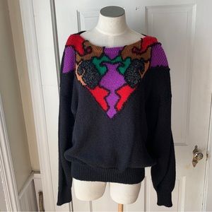1990s Oriana Italia Colorful Pattern Black Sweater Shoulder Pads Vintage Mod XL